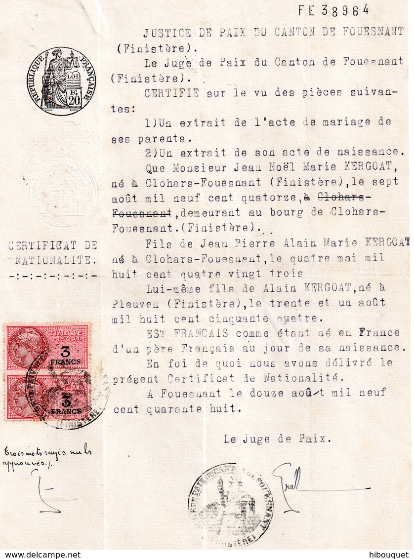 Extrait  Certificat De Nationalité, Fouesnant, 2 Timbres Fiscaux De 3 Francs - Ohne Zuordnung