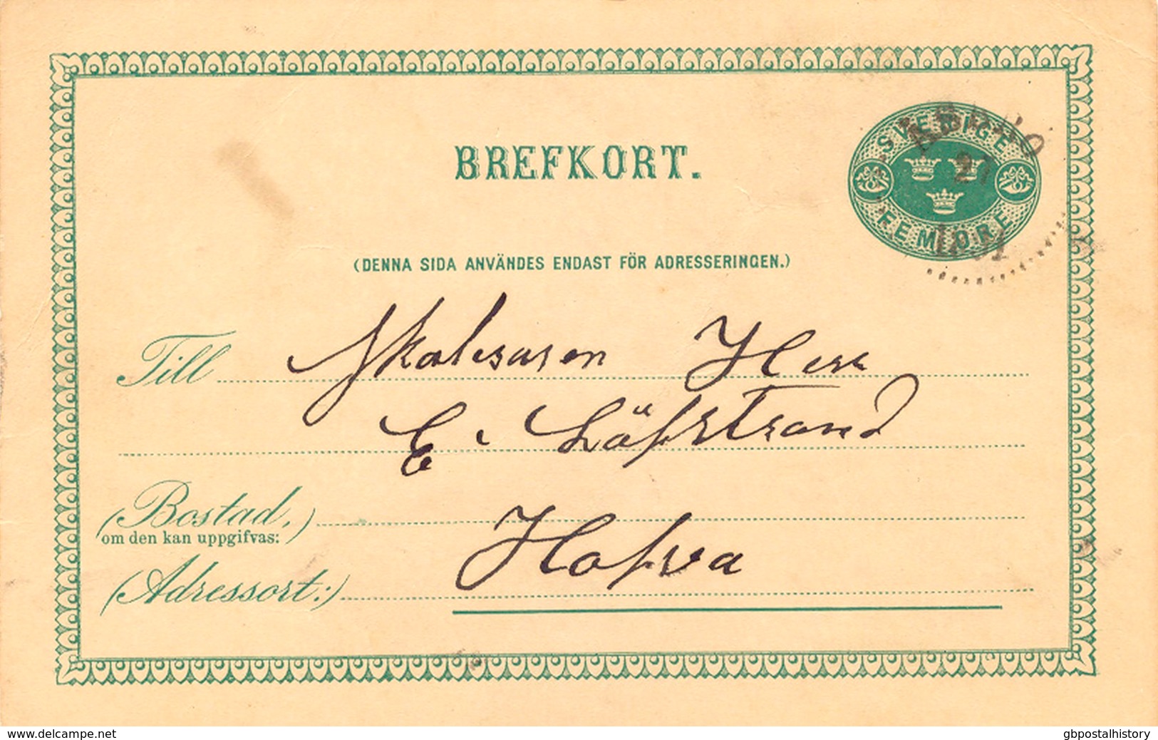 SCHWEDEN 1892, "ÂS BRO" K1 A. 5 (FEM) Öre Grün GA-Postkarte, Sehr Selt. Stempelfehler: Ohne Monatsangabe!!!, Bed.Erh. - 1872-1891 Ringtyp