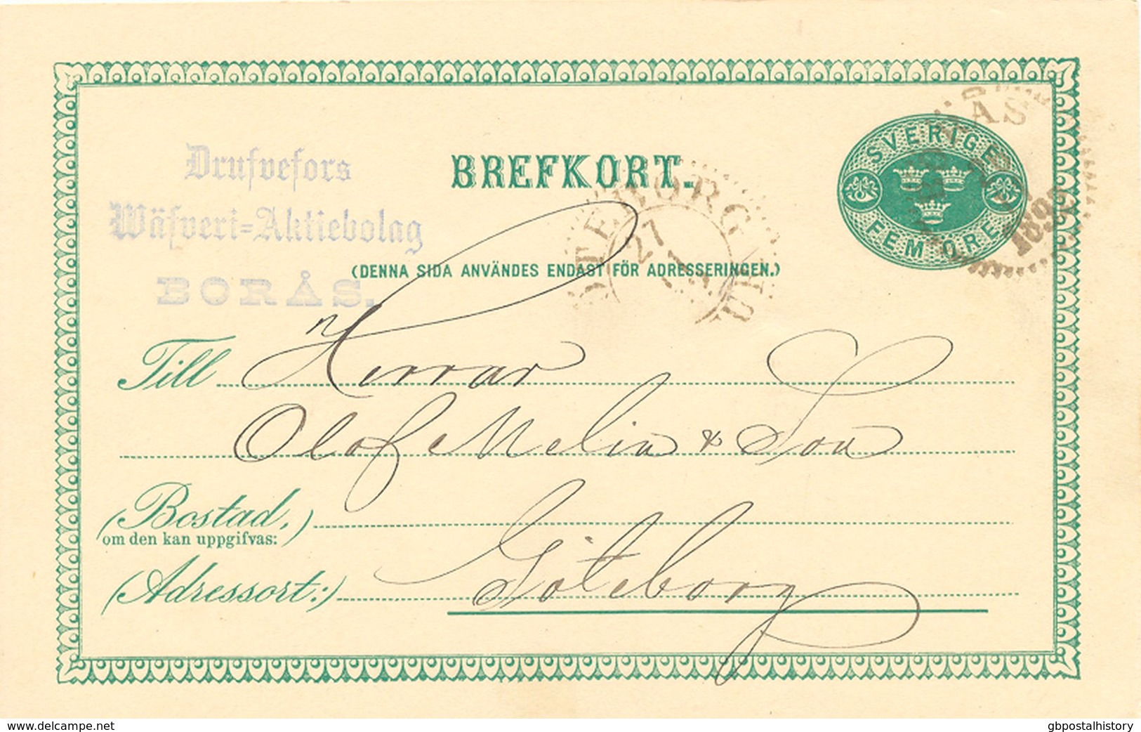 SCHWEDEN 1892, "BORÂS" K1 Klar A. 5 (FEM) Öre Grün GA-Postkarte Mit Blauer Absenderstempel, Kab. - 1872-1891 Ringtyp