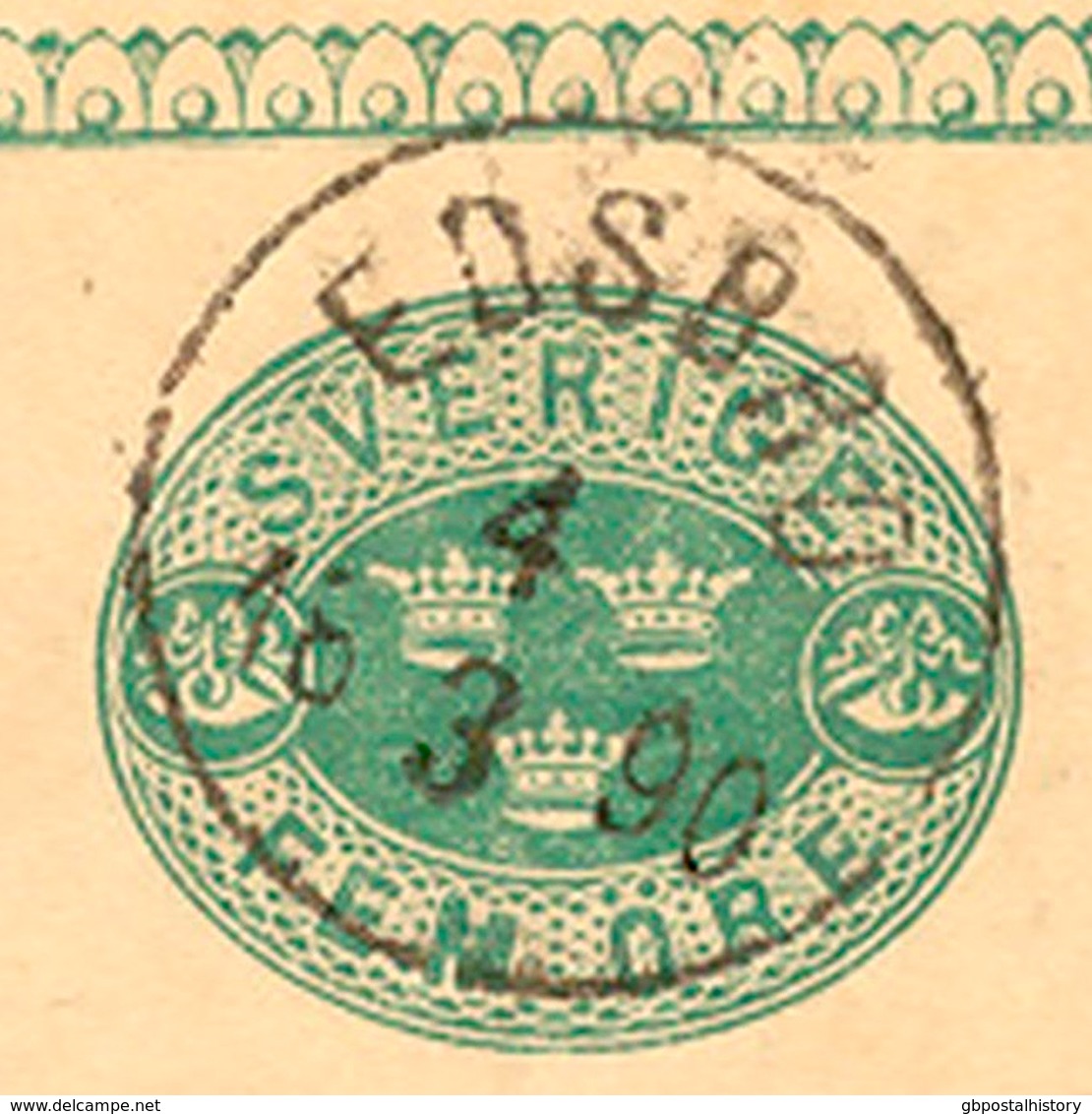 SCHWEDEN 1890, "EDSBRO" K1 U. K1 "STOCKHOLM - 4.TUR." Klar A. 5 (FEM) Öre Grün GA-Postkarte, Kl. Mngl. - 1872-1891 Ringtyp