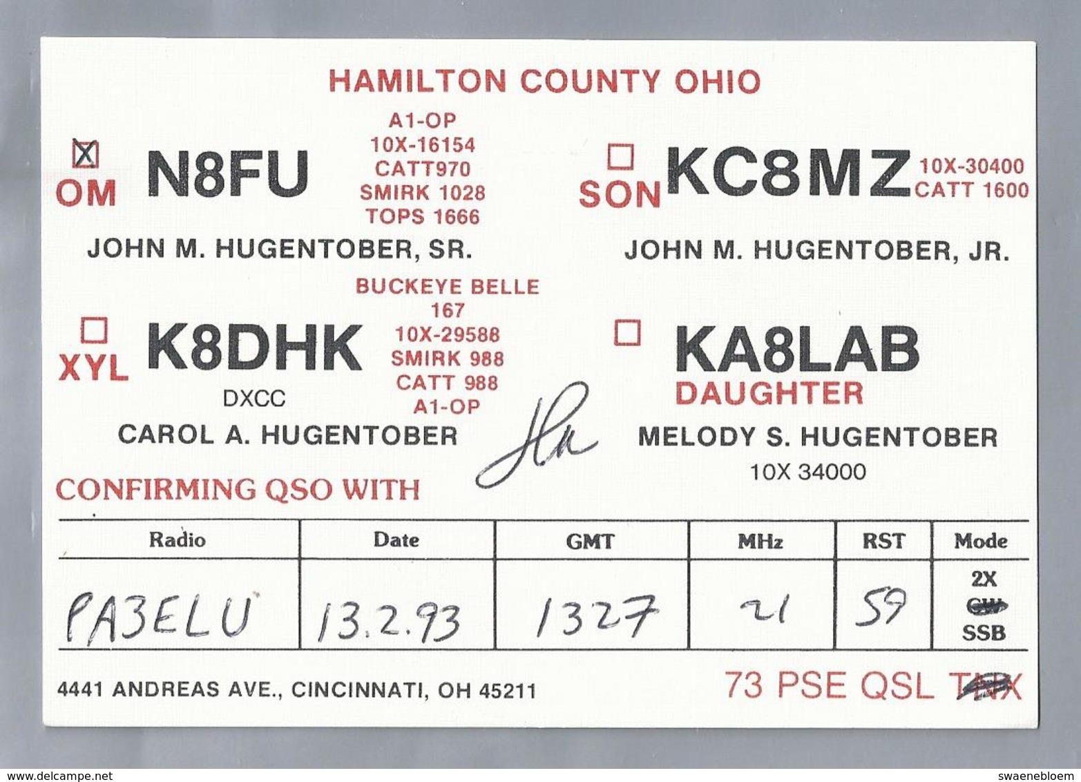 US.- QSL KAART. CARD. N8FU. JON M. HUGENTOBER, SR.. CINCINNATI, OHIO, HAMILTON COUNTY OHIO. U.S.A.. - Radio-amateur