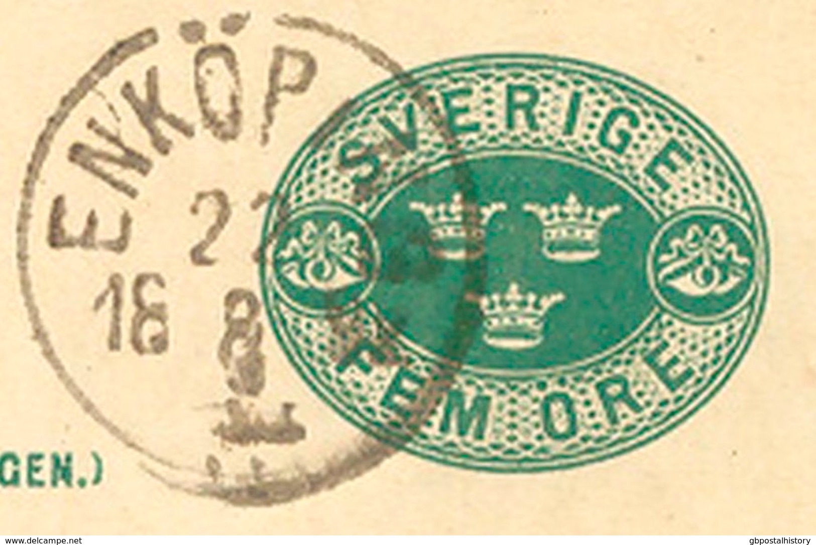 SCHWEDEN 1892, "ENKÖPING" K1 Klar A. 5 (FEM) Öre Grün GA-Postkarte, Kab. - 1872-1891 Ringtyp