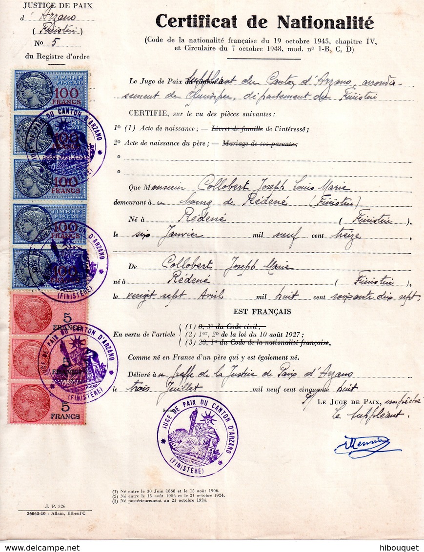 Extrait  Certificat De Nationalité, Arzano,  8 Timbres Fiscaux  5 De 100 Francs Et 3 De 5 Francs - Non Classés