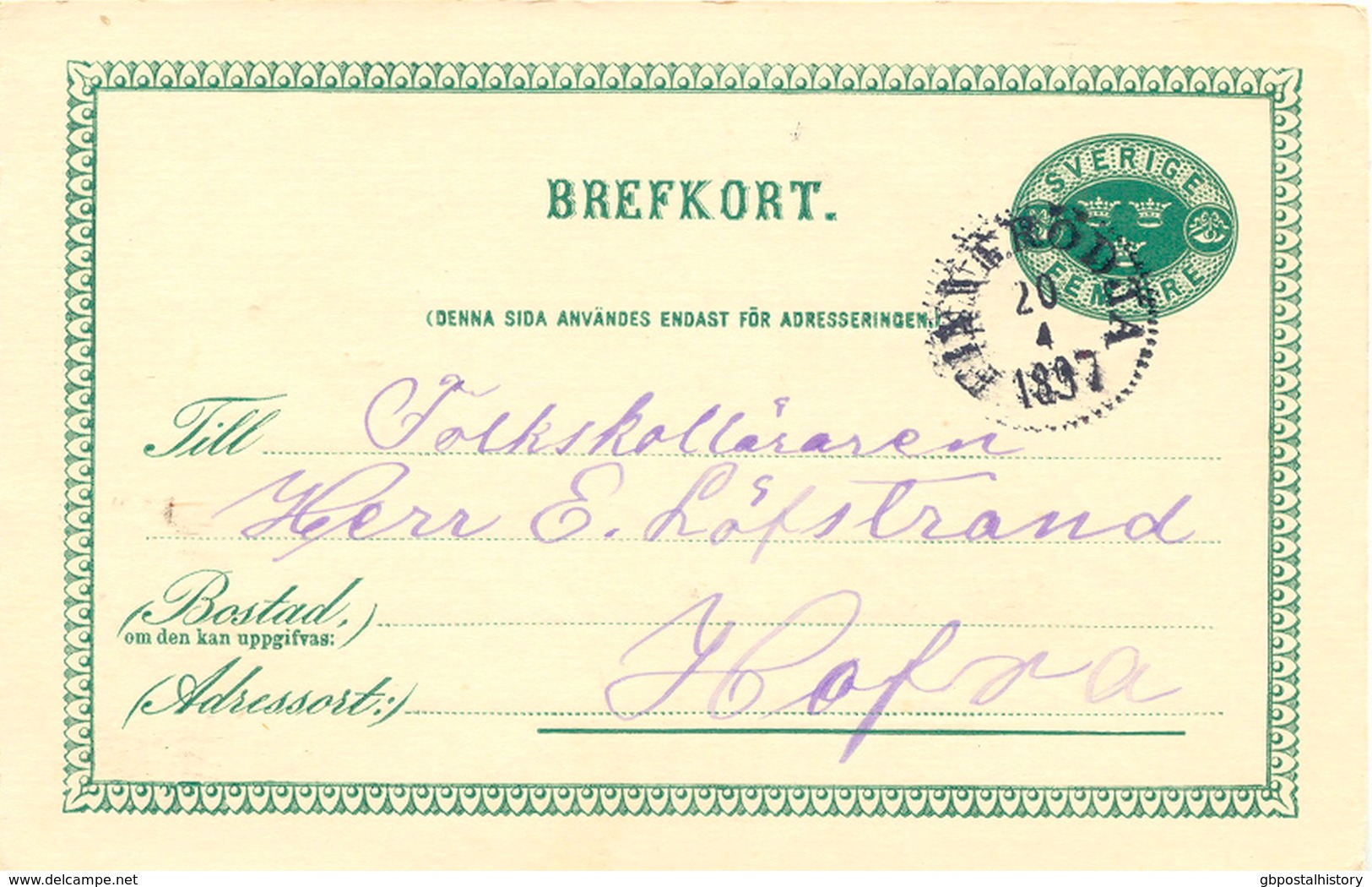SCHWEDEN 1897, "FINNERÖDJA" K1 Glasklar A. 5 (FEM) Öre Grün GA-Postkarte, Kab. - 1872-1891 Ringtyp