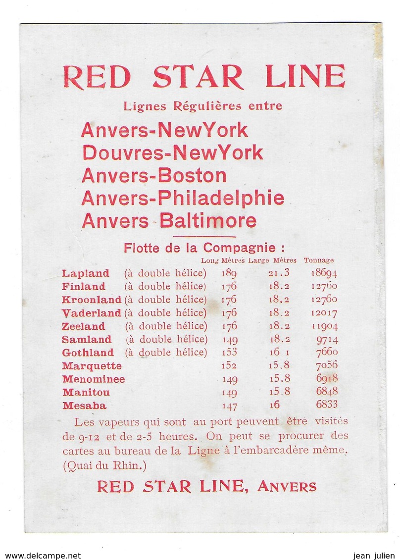 BELGIQUE - ANVERS - NEW YORK - TRANSPORT BATEAU   - " Red Star Line " - - Transport