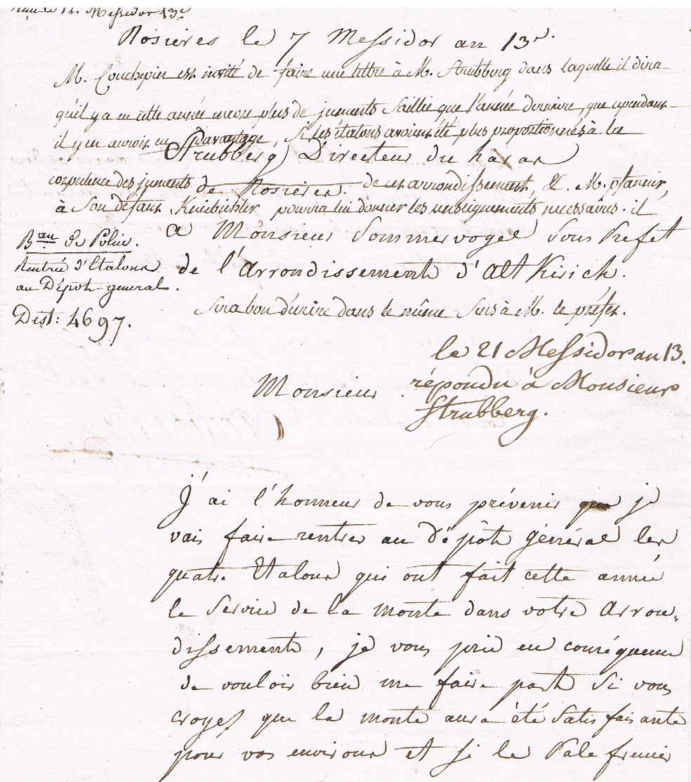 Lettre Franchise ROSIERES AN 13 MR STRUBERG DIRECTEUR DU HARRAS - 1801-1848: Précurseurs XIX