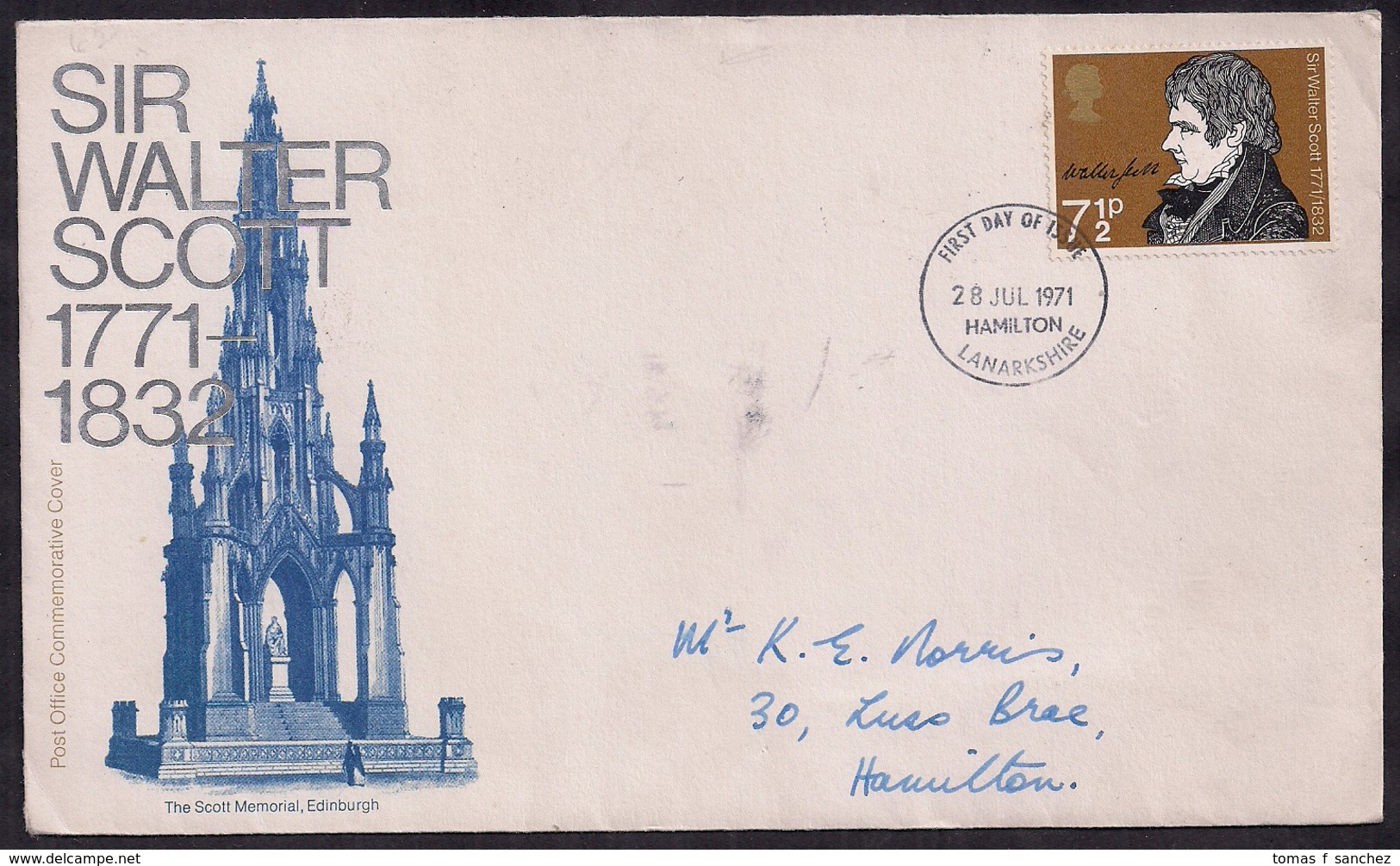 Great Britain - 1971 - FDC - Lettre Sir Walter Scott 1771 - 1832 - Scrittori