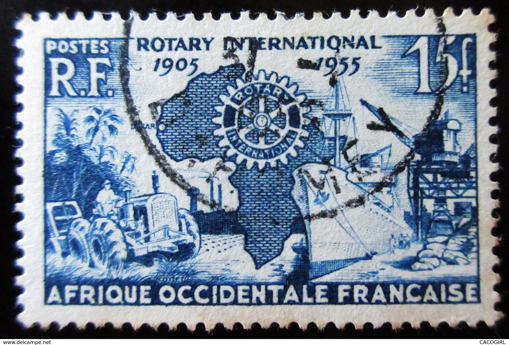 Afrique Occidentale AOF A.O.F. - Oblitéré - Charnière Y&T 1955 N° 53 Cinquantenaire Du Rotary International 15f Bleu - Oblitérés