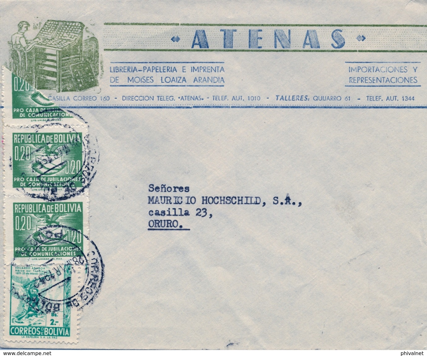 1952 , BOLIVIA , POTOSÍ - ORURO , SOBRE COMERCIAL CIRCULADO , UN VALOR BISECTADO  , " ATENAS - LIBRERIA , IMPRENTA " - Bolivia