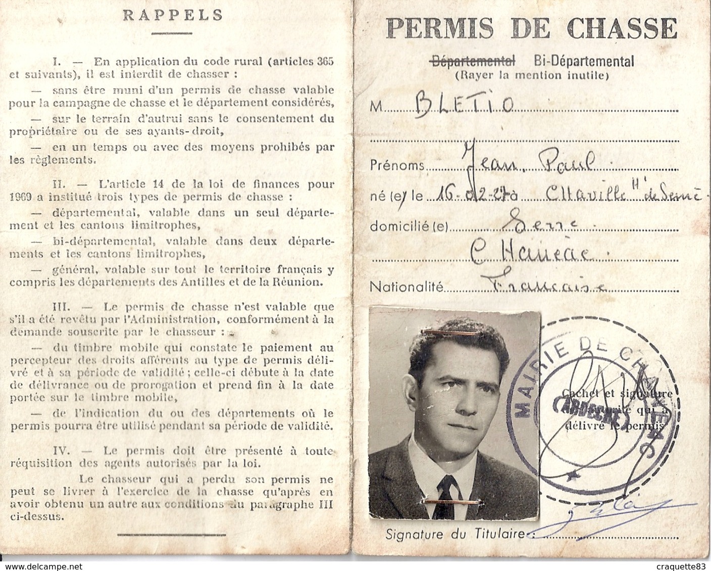 PERMIS DE CHASSE  FRANCE  CHANEAC  ARDECHE   1975 - Sin Clasificación