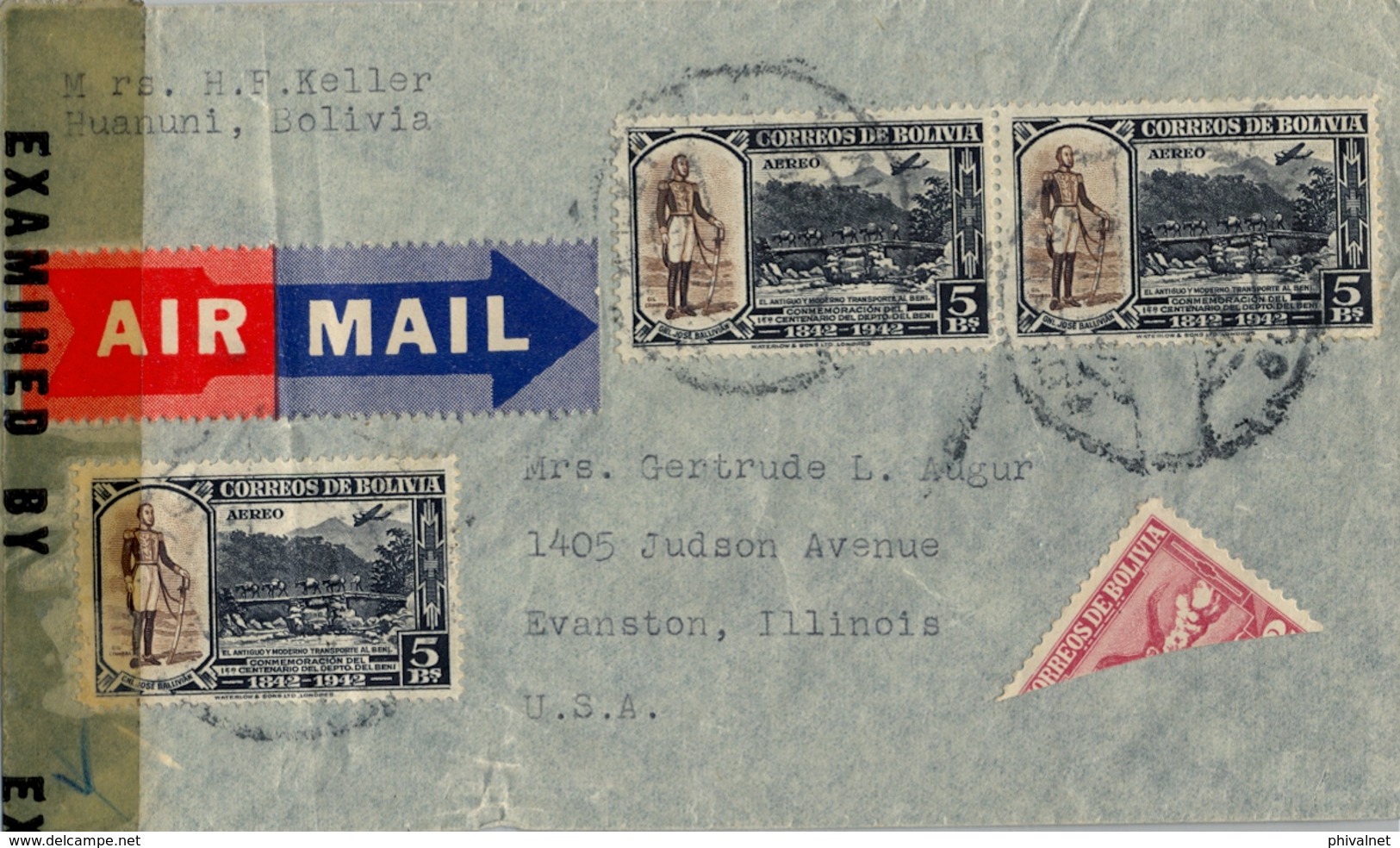 1943 BOLIVIA , SOBRE CIRCULADO , HUANUNI - EVANSTON , CORREO AÉREO , YV. 259 X 3 , GENERAL JOSÉ BALLIVIAN - Bolivia