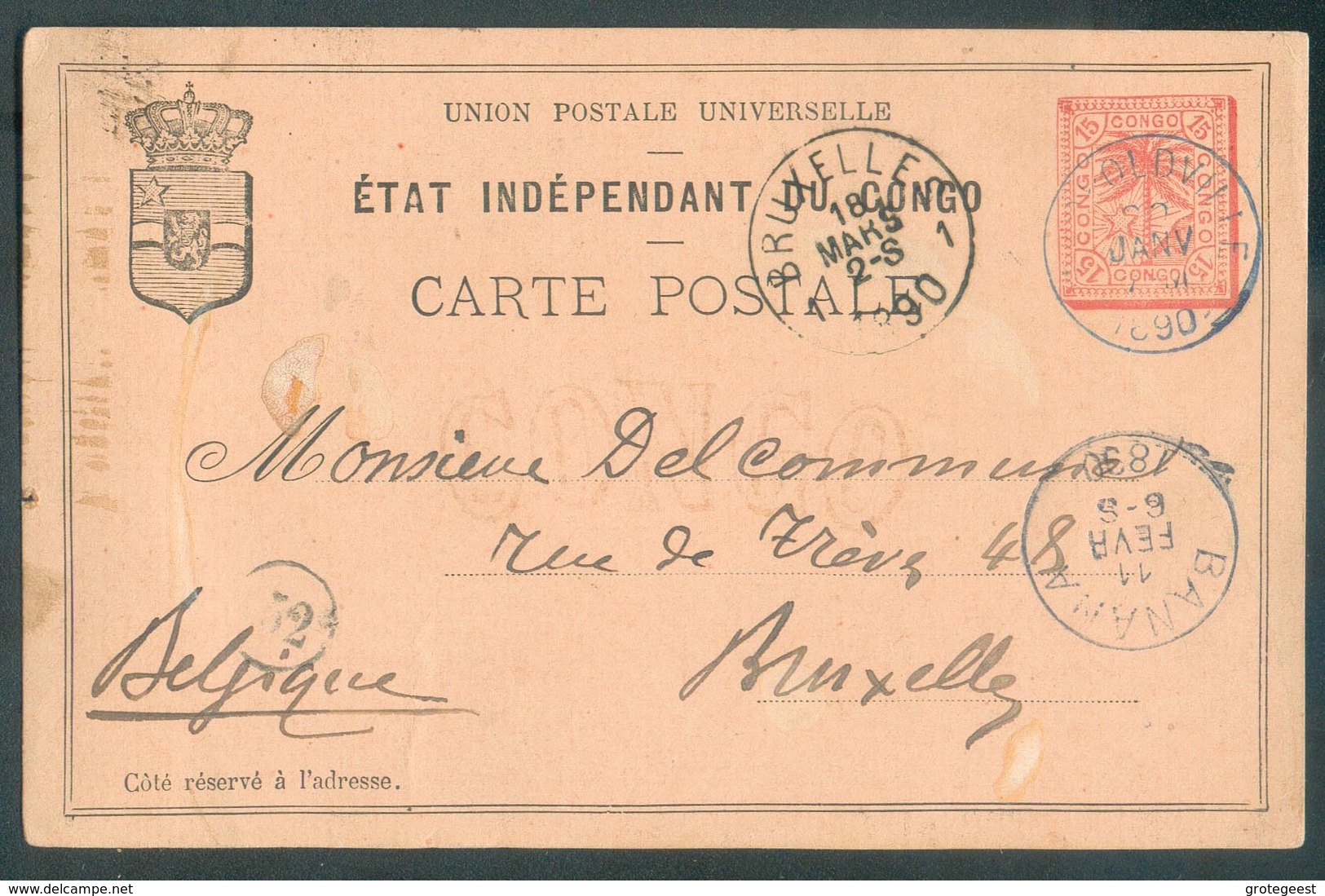 E.P. Carte 15 Centimes Palmier (fil CONGO)  Obl. Sc LEOPOLDVILLE 22 Janvier 1890 à E. Delcommune.  Superbe-. 14477 - Postwaardestukken