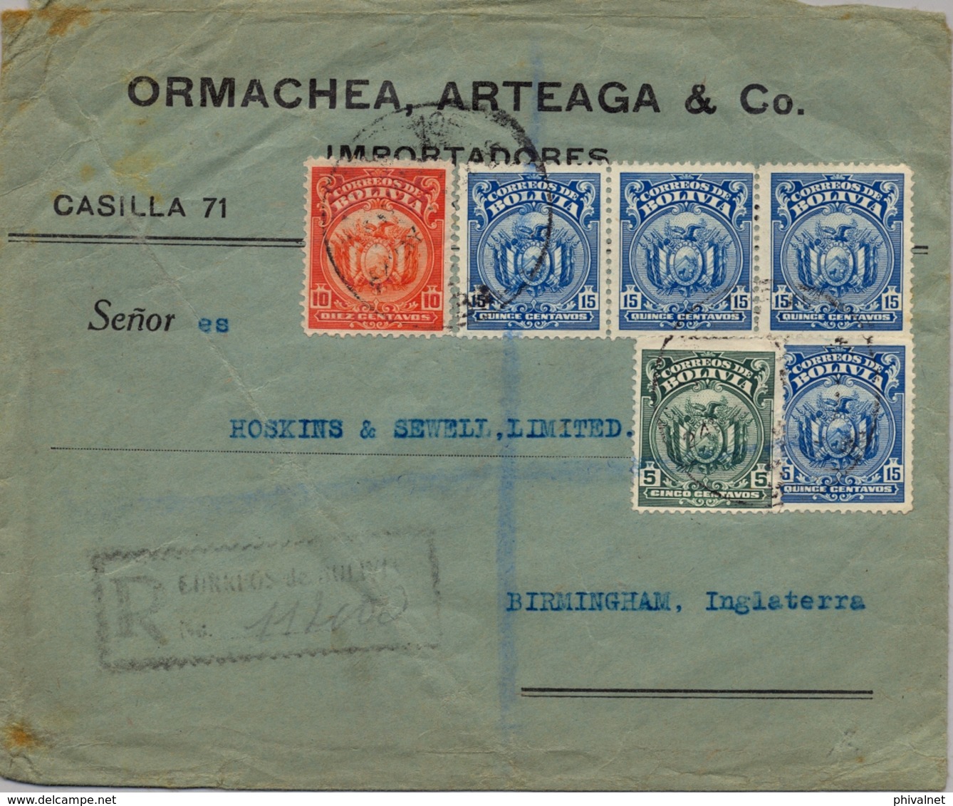 1926 BOLIVIA , SOBRE CERTIFICADO , LA PAZ - BIRMINGHAM , LLEGADA AL DORSO , MAGNÍFICO FRANQUEO - Bolivia