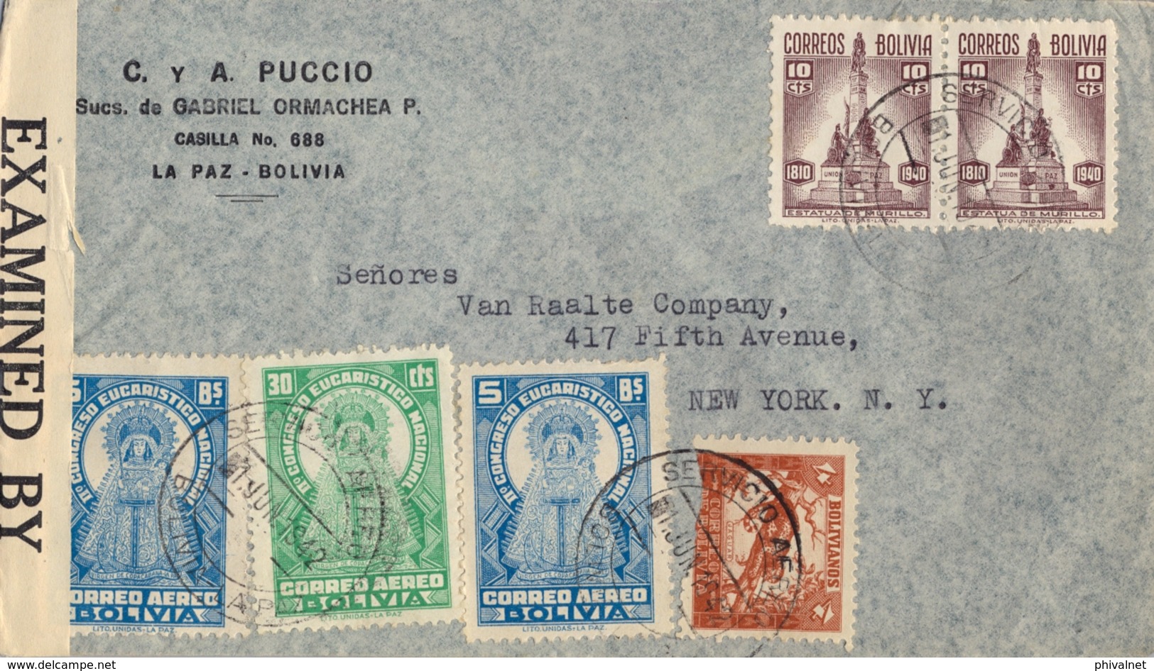 1942 BOLIVIA , SOBRE CIRCULADO , LA PAZ - NUEVA YORK , BANDA DE CENSURA , SERVICIO AÉREO - Bolivia