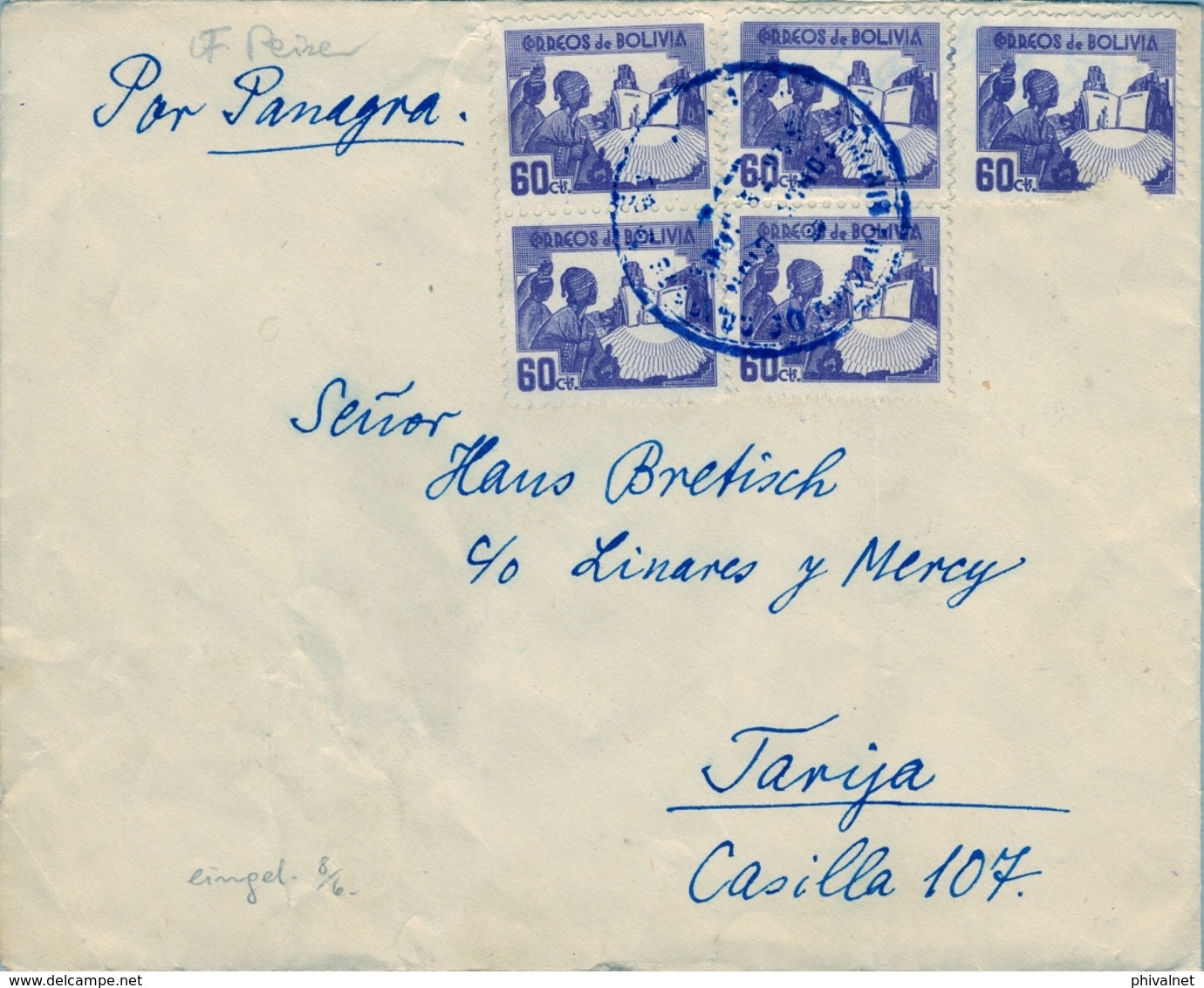 1944 BOLIVIA , SOBRE CIRCULADO , CORREO AÉREO VIA PANAGRA , SANTA CRUZ - TARIJA , YV. 218 X 5  , SOCIALISMO / EDUCACIÓN - Bolivia