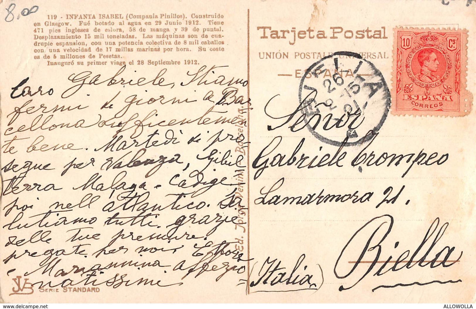 4896 " BARCELONA-VAPOR INFANTA ISABEL,SALIENDO PARA AMERICA-(COMPANIA PINILLAS) "-CART. POST.OR.SPED. 1915 - Paquebots