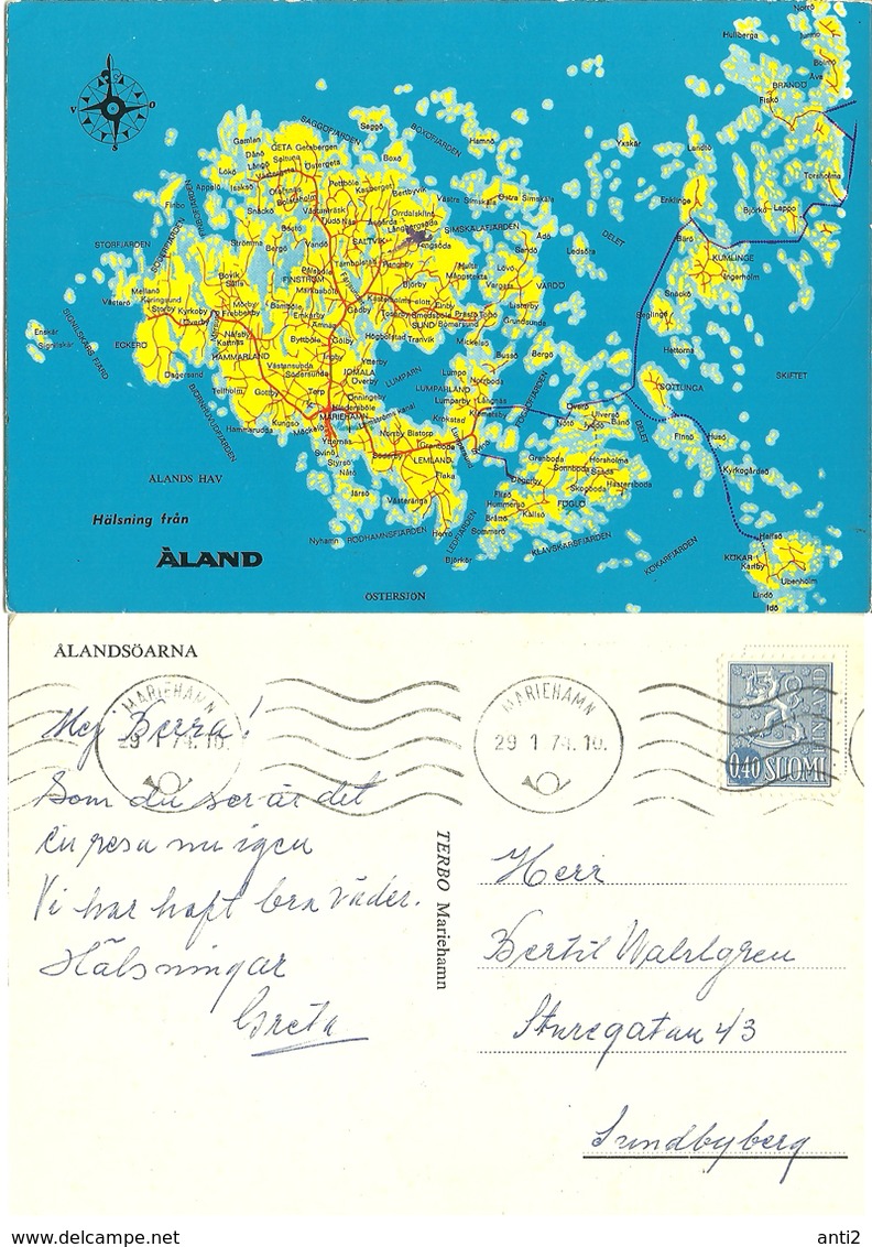 Aland  1977 Postcard Map Over Åland Islands , Cancelled Mariehamn  29.1.74 - Ålandinseln