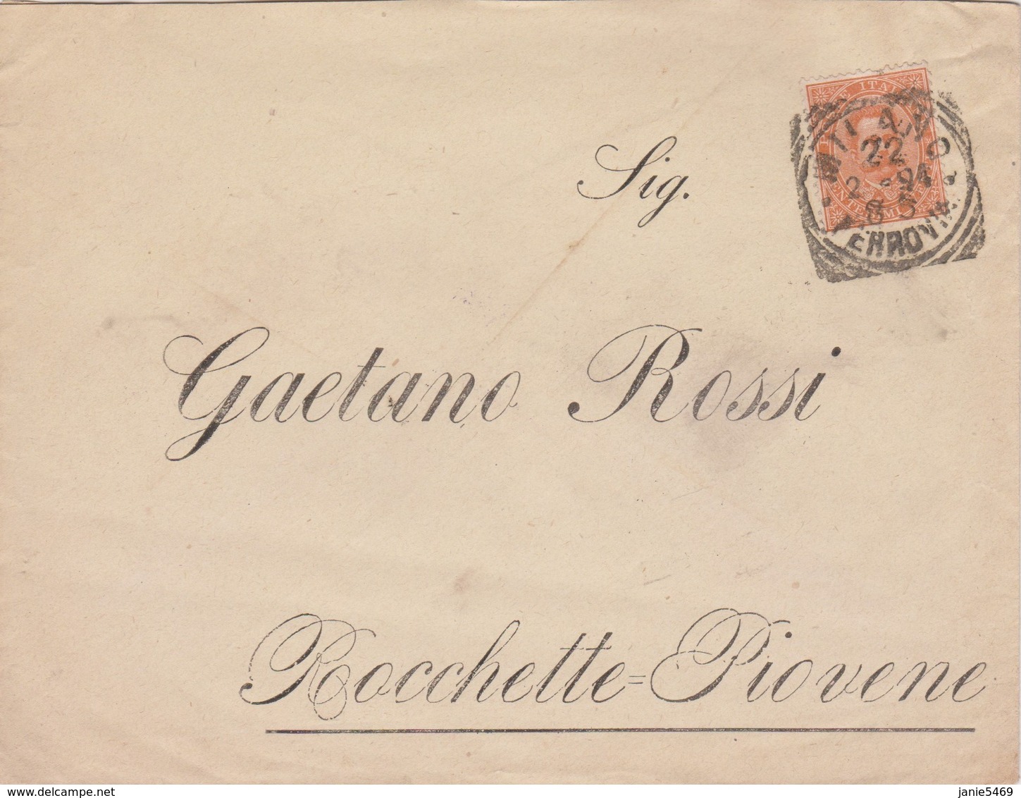 Italia 1894 Lettera Da Milano Per Rocchette Piovene Con 20c Re Umberto - Poststempel