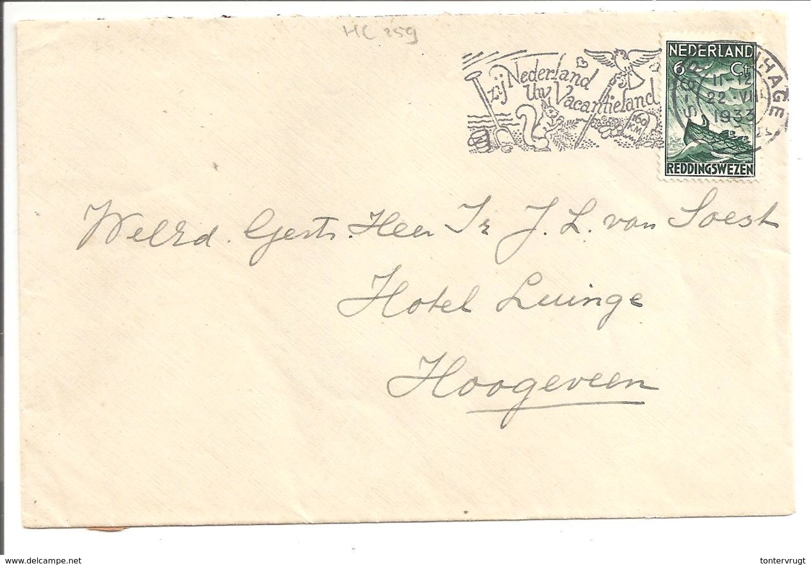 1933 Zeemanzegels. NVPH 259 Enkelfrankering. - Briefe U. Dokumente