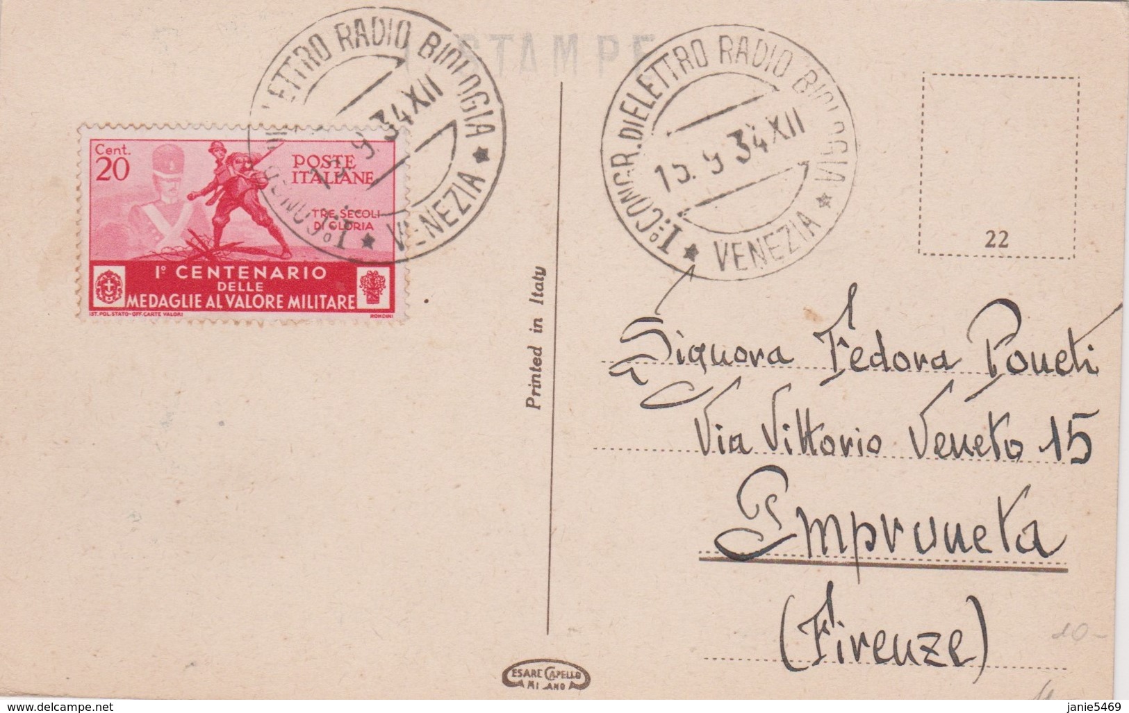 Italy 1934 Used Post Card, ,postmarked  !st Congress Of Elrectro Radio Biology, - Marcophilia