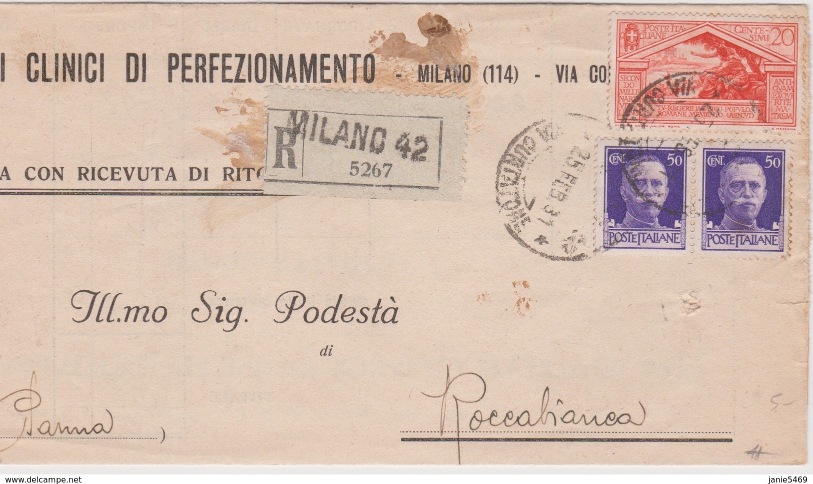 Italy 1937 Registered Mail From Milano To Roccabianca.Lire 1.20.. - Marcophilia