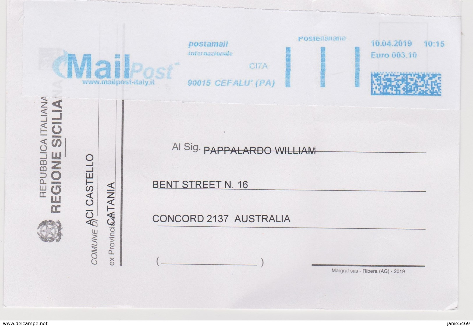 Italy 2019 Electoral Card For The Election Of The Local Council,sent To Australia,folded - 2011-20: Marcophilia