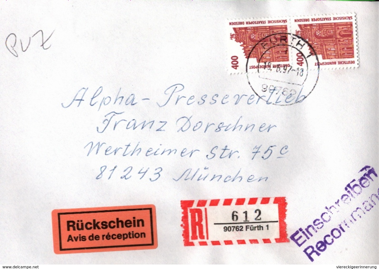 ! 1 Einschreiben 1997 Mit  Rückschein R-Zettel  Aus 90762 Fürth - R- Und V-Zettel