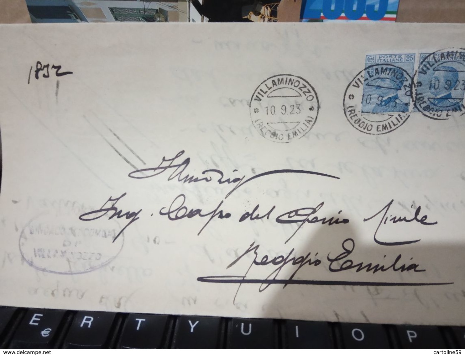 VILLAMINOZZO REGGIO E  PIEGO COMUNE X GENIO CIVILE  FIRMA SINDACO  COPPIA  25 C Azzurro MICHETTI 1923  HD10401 - Storia Postale