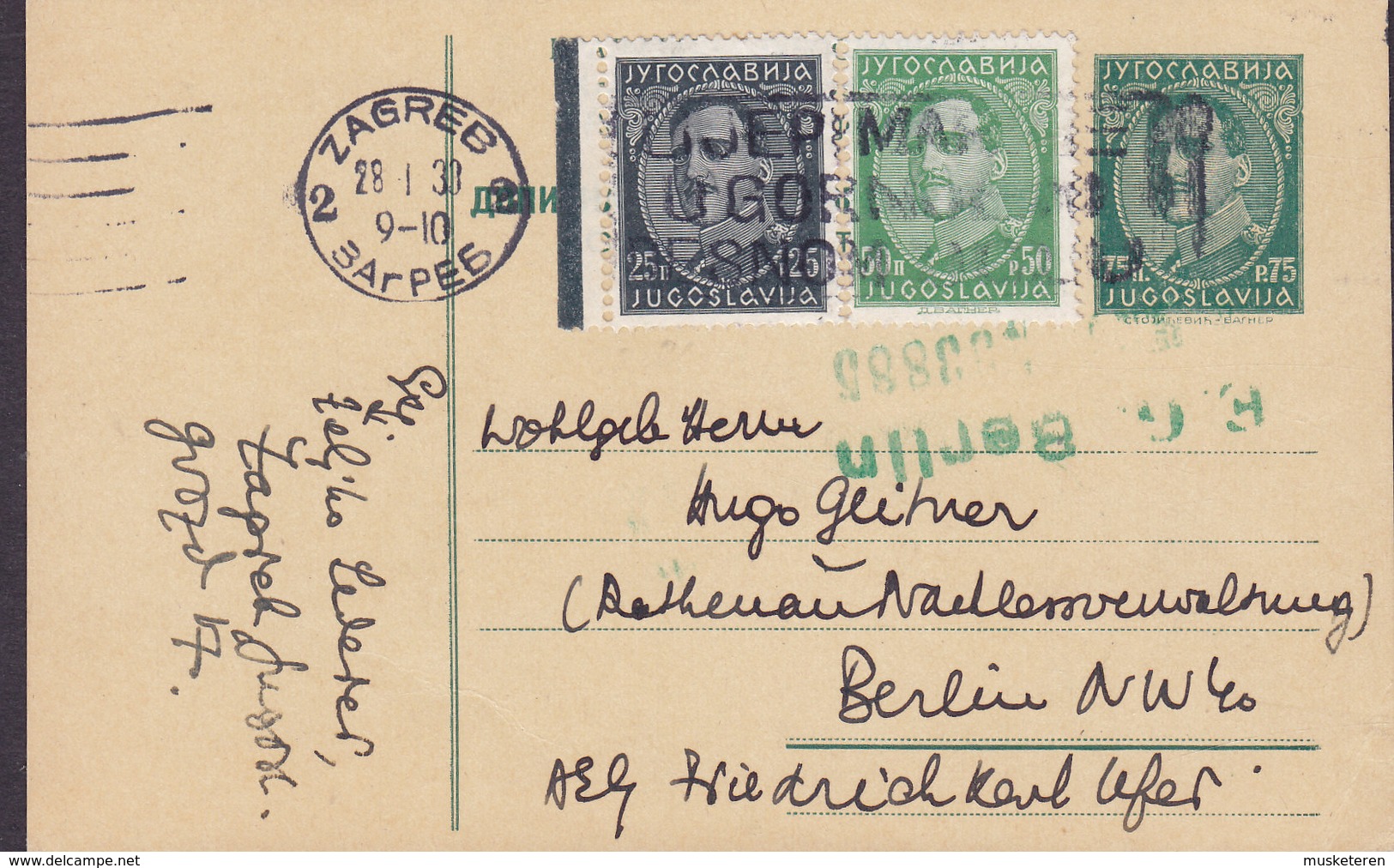 Yugoslavia Uprated Postal Stationery Ganzsache Entier Slogan ZAGREB 1933 BERLIN (Arr. E.G. BERLIN Zug?) Germany (2 Scans - Postal Stationery