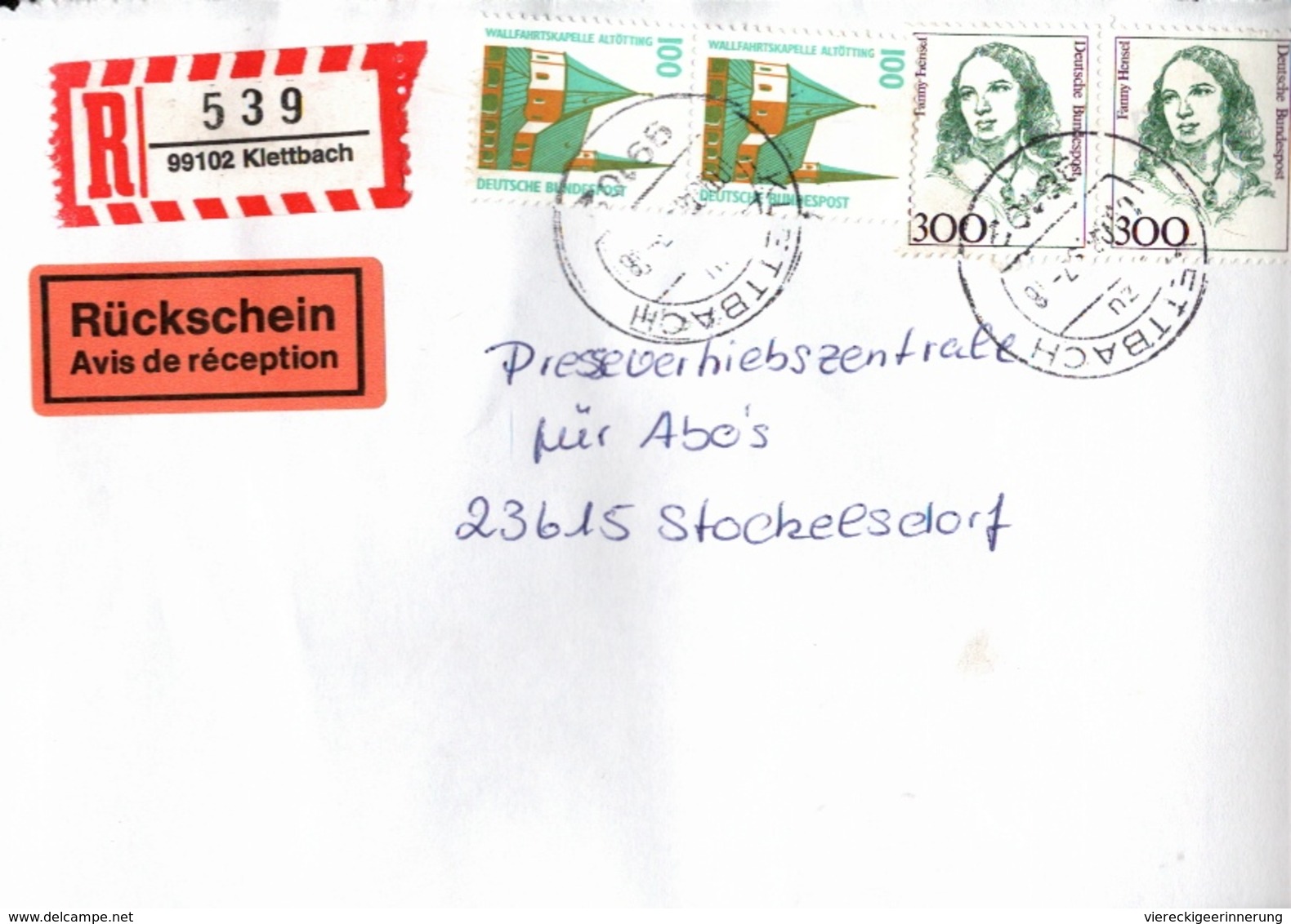 ! 1 Einschreiben Mit Rückschein, R-Zettel  Aus 99102 Klettbach, Thüringen - Etiquettes 'Recommandé' & 'Valeur Déclarée'