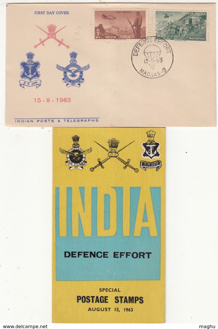 India FDC + Info  1963, Defence Campaign, Parachute, Helicopter, Airplane, Army. Militaria, - Airplanes