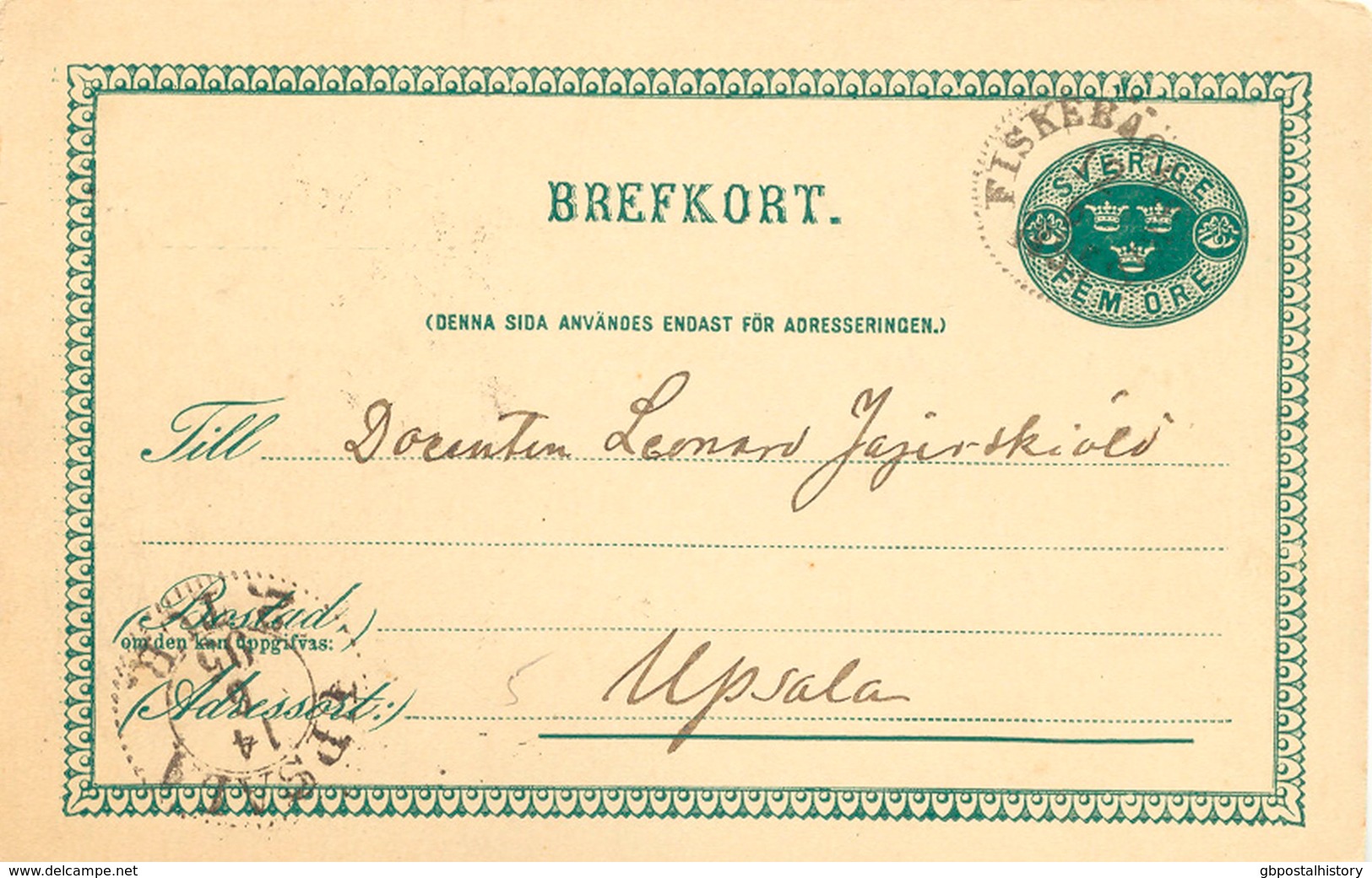 SCHWEDEN 1895, "FISKEBÄCKSKIL" Sehr Selt. K1 U. K2 "UPSALA 2.TUR." Klar A. 5 (FEM) Öre Grün GA-Postkarte, Kab. - 1872-1891 Ringtyp