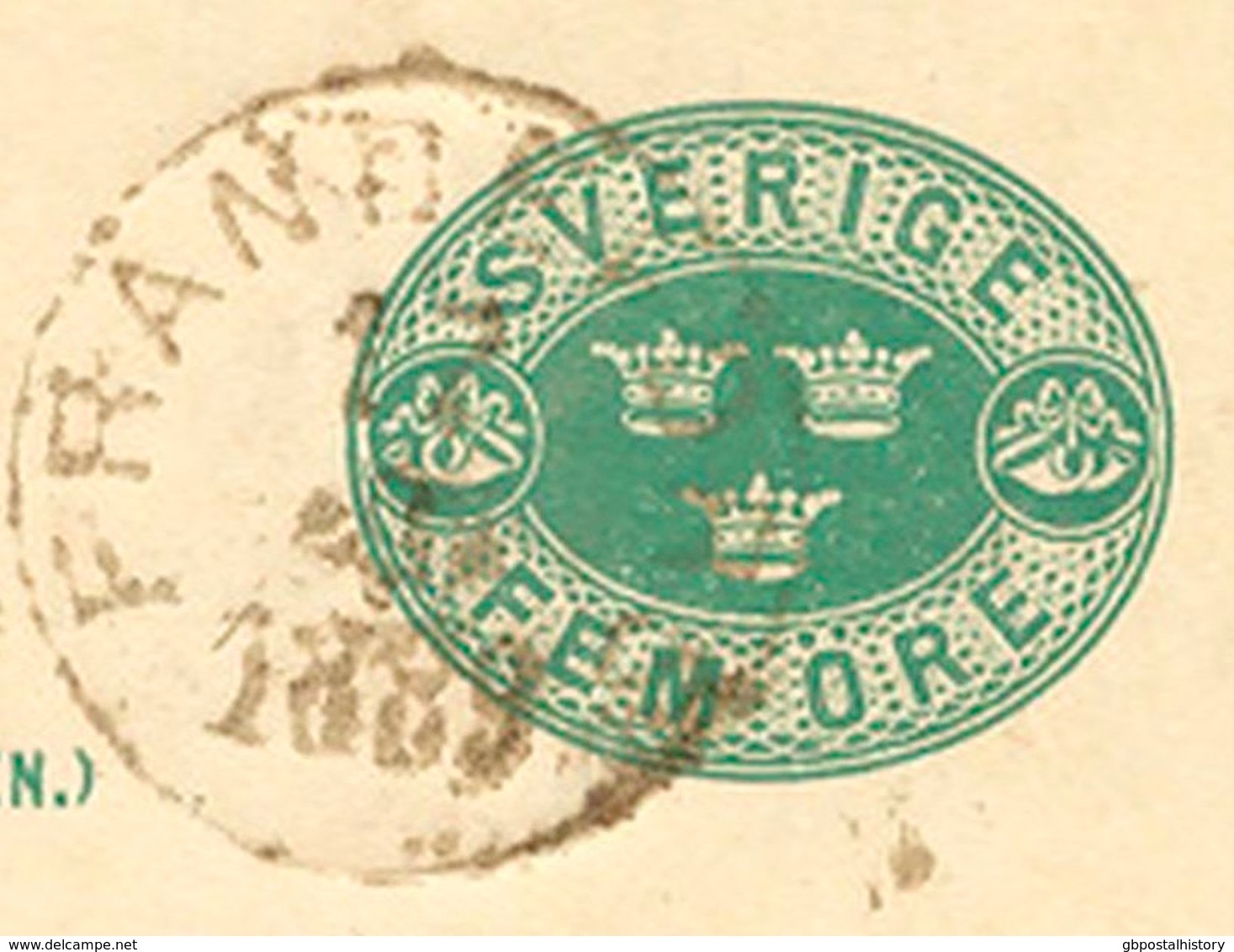 SCHWEDEN 1889, "FRÄNDEFORS" (FRENDEFORS) Sehr Selt. K1 Klar A. 5 (FEM) Öre Grün GA-Postkarte, Kab. - 1872-1891 Ringtyp