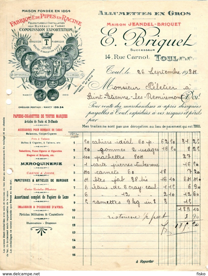 BRIQUET -JEANDEL  Allumettes En Gros, Fabrique De Pipes En Racine   TOUL  54 - 1900 – 1949