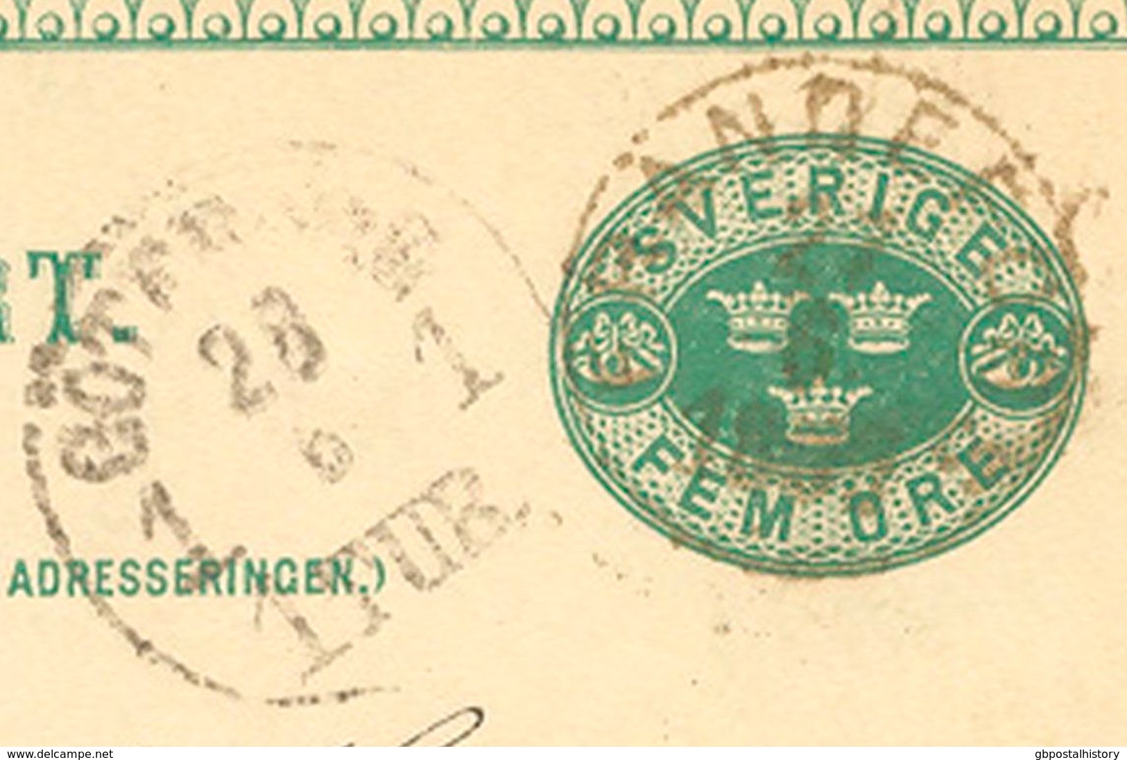 SCHWEDEN 1889, "FRÄNDEFORS" (FRENDEFORS) Sehr Selt. K1 U. K1 "GÖTEBORG 1 TUR." A. 5 (FEM) Öre Grün GA-Postkarte, Kab. - 1872-1891 Ringtyp