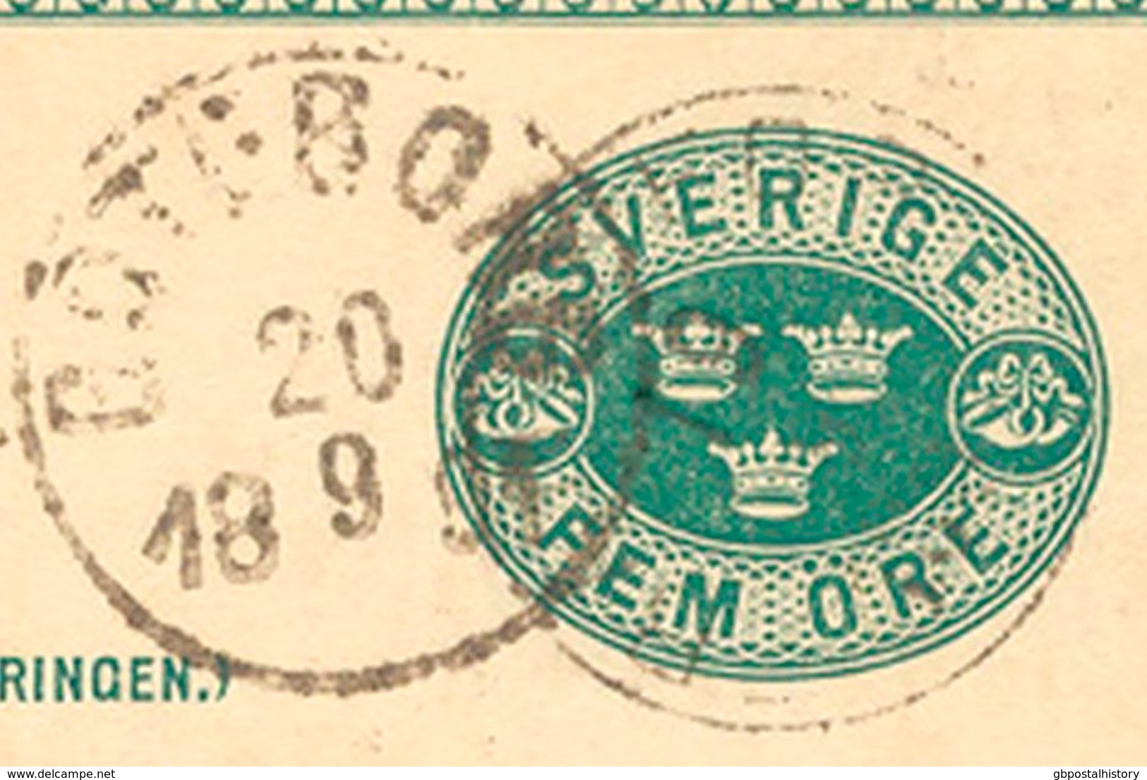 SCHWEDEN 1891, "GÖTEBORG" K1 Kleiner Type Und "GÖTEBORG 1.TUR." Klar A. 5 (FEM) Öre Grün GA-Postkarte, Pra. - 1872-1891 Ringtyp