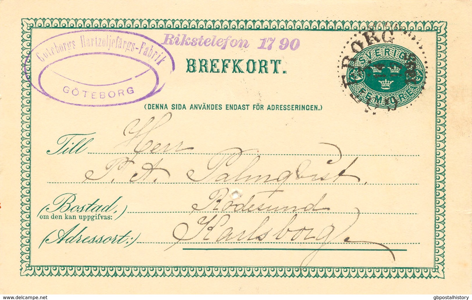 SCHWEDEN 1895, "GÖTEBORG 3." K1 Glasklar A. 5 (FEM) Öre Grün GA-Postkarte, Violetter Absenderstempel - 1872-1891 Ringtyp