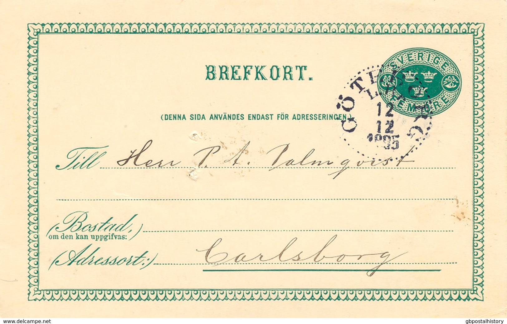 SCHWEDEN 1895, "GÖTEBORG L.Br." K1 Glasklar A. 5 (FEM) Öre Grün GA-Postkarte, Rs. K1 "SKÖFDE" (SKÖVDE) - 1872-1891 Ringtyp