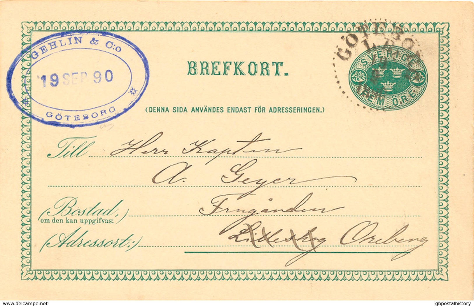 SCHWEDEN 1890, "GÖTEBORG L.Br." K1 Glasklar A. 5 (FEM) Öre Grün GA-Postkarte, Blauer Absenderstempel, Kab. - 1872-1891 Ringtyp