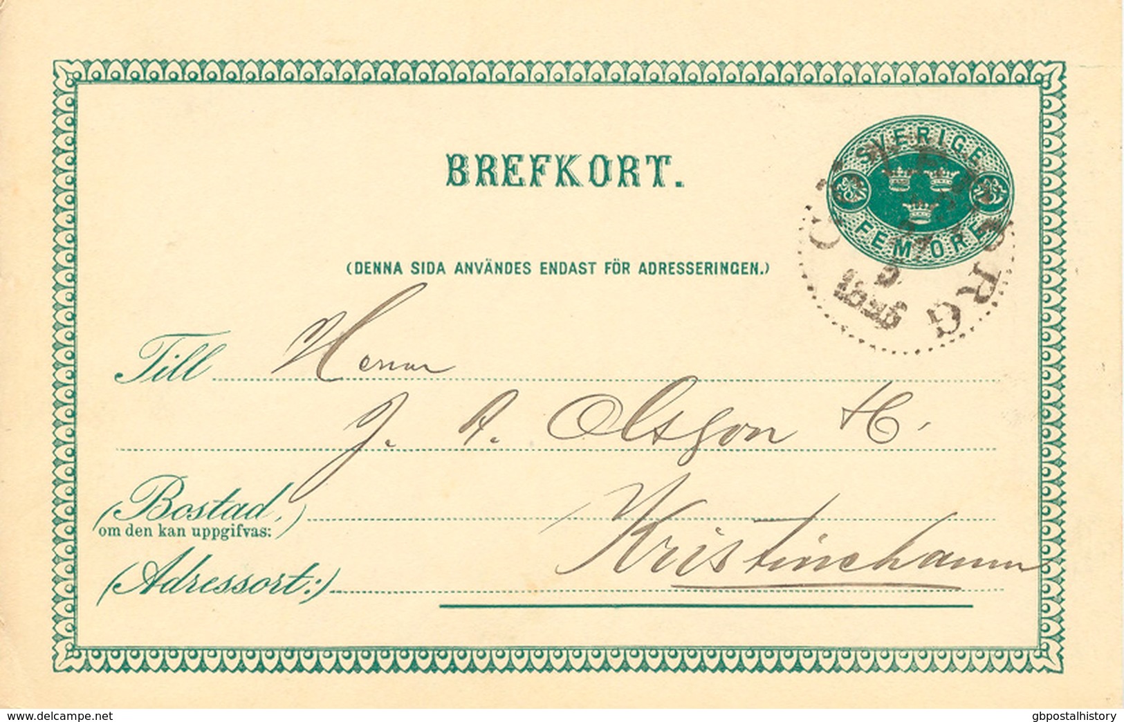 SCHWEDEN 1895, "GÖTEBORG L.Br." K1 Klar A. 5 (FEM) Öre Grün GA-Postkarte, Kab. - 1872-1891 Ringtyp