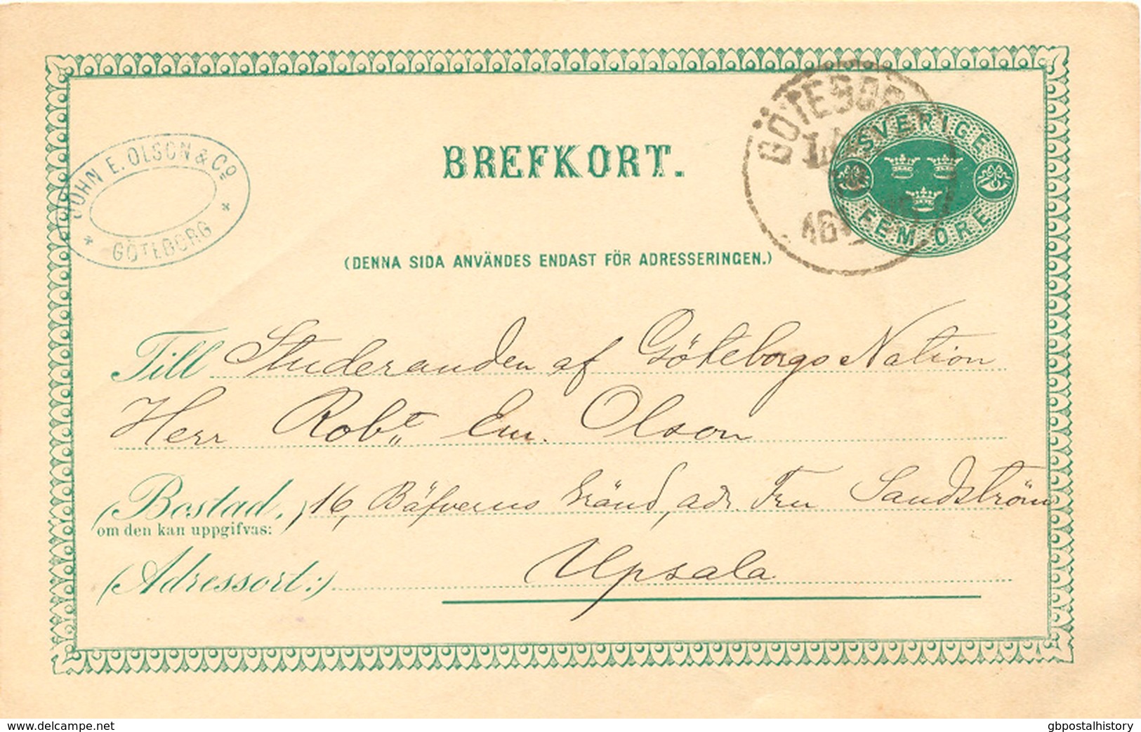 SCHWEDEN 1886 "GÖTEBORG L.Br." K1 A. 5 (FEM) Öre Grün GA-Postkarte N. UPSALA, Absenderstempel, GA-ABART: RAHMENBRUCH - Abarten Und Kuriositäten