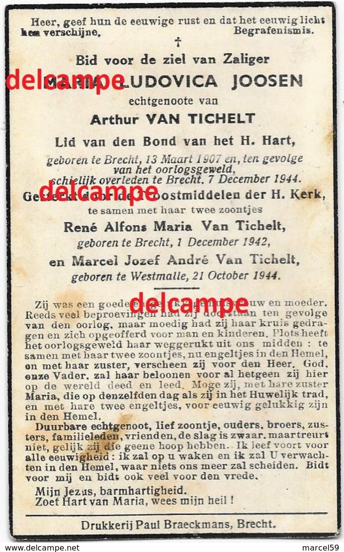 Oorlog Guerre Joosen Van Tichelt Brecht Gesneuveld Bombardement  V Bommen December 1944 Westmalle - Images Religieuses