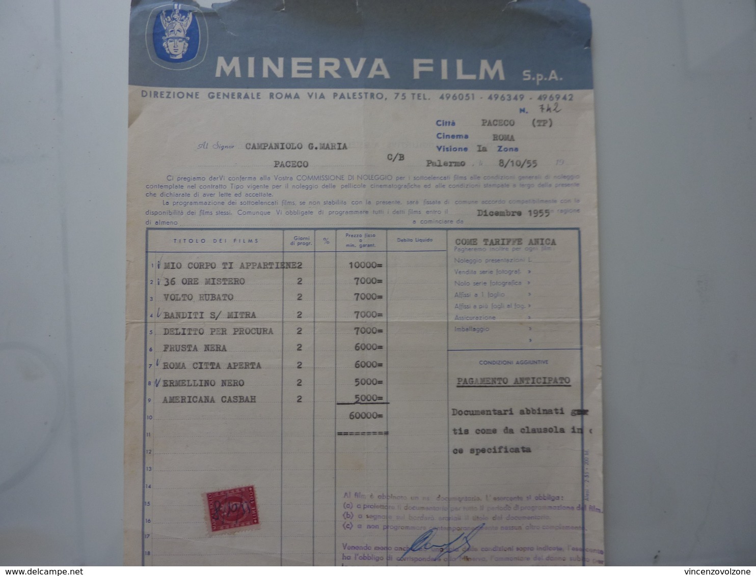 Fattura  "MINERVA FILM S.p.A ROMA" 1955 - Italy