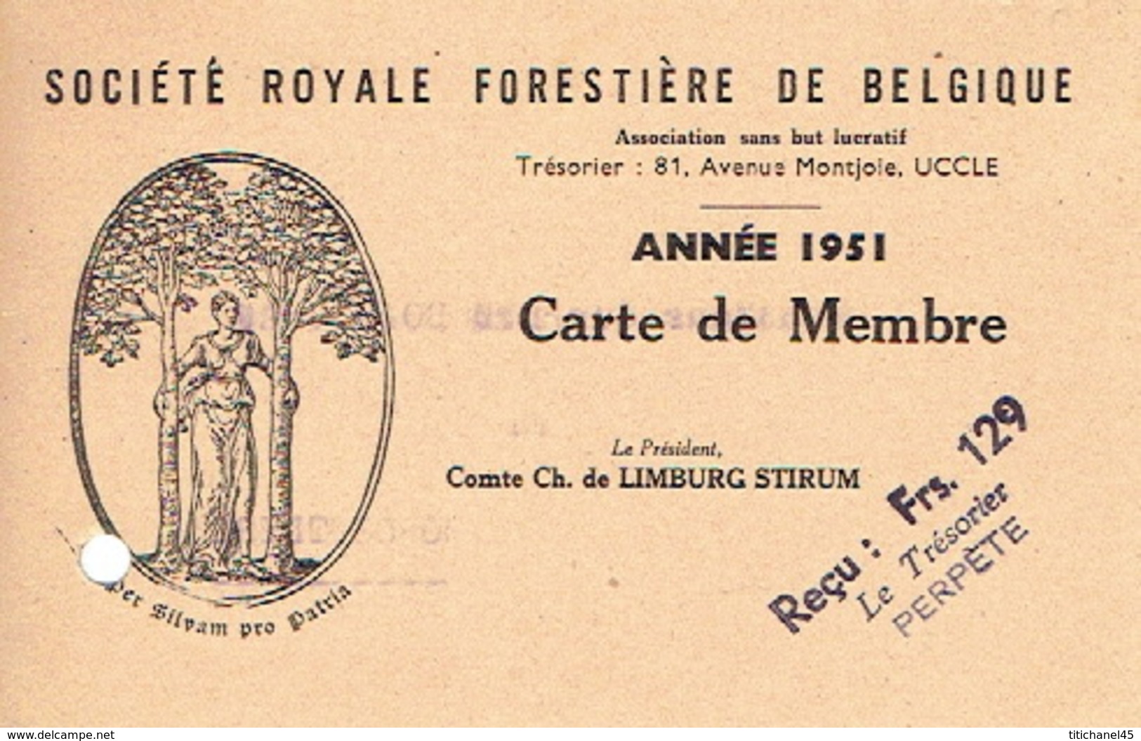 Carte De Membre De 1951 SOCIETE ROYALE FORESTIERE DE BELGIQUE - UCCLE - Autres & Non Classés