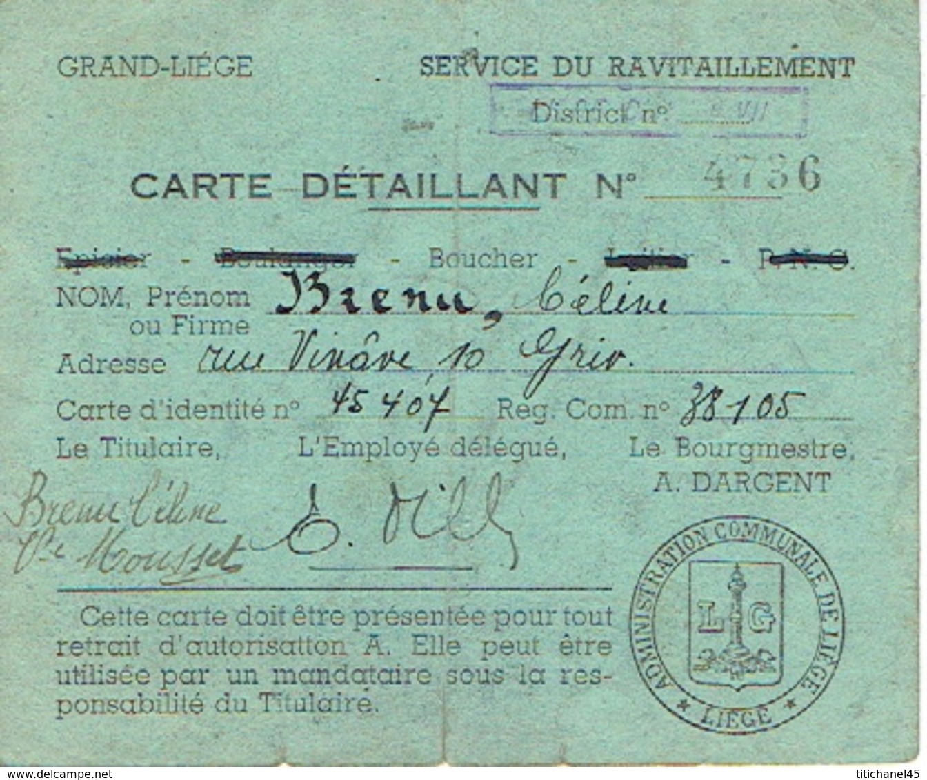 GRAND-LIEGE - SERVICE DE RAVITAILLEMENT - CARTES DETAILLANT BOUCHER - BRENU Céline Vve MOUSSET à GRIVEGNEE - 1914-18