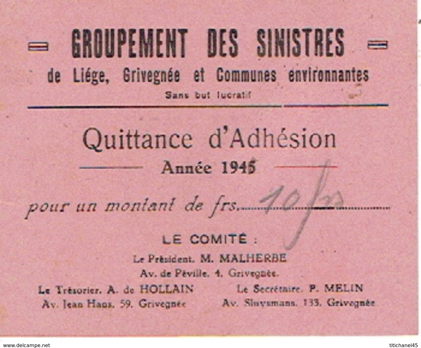 GRIVEGNEE 1945 - GROUPEMENT DES SINISTRES De LIEGE, GRIVEGNEE & Communes Environnantes - Quittance D'adhésion - 1914-18