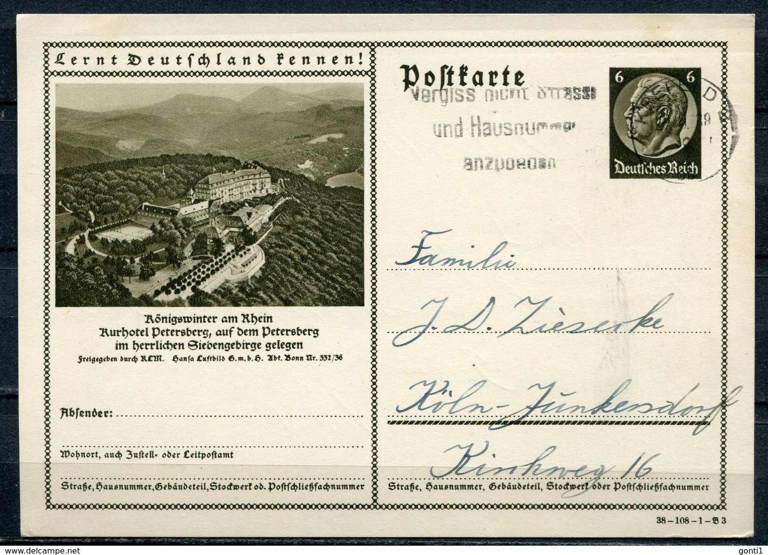 German Empires,DR 1938 Ganzsache Mi.Nr.P236/38-108-1-B3 "Lernt Deutschland Kennen!-Königswinter Am Rhein"MWST"1 GS Used - Other & Unclassified