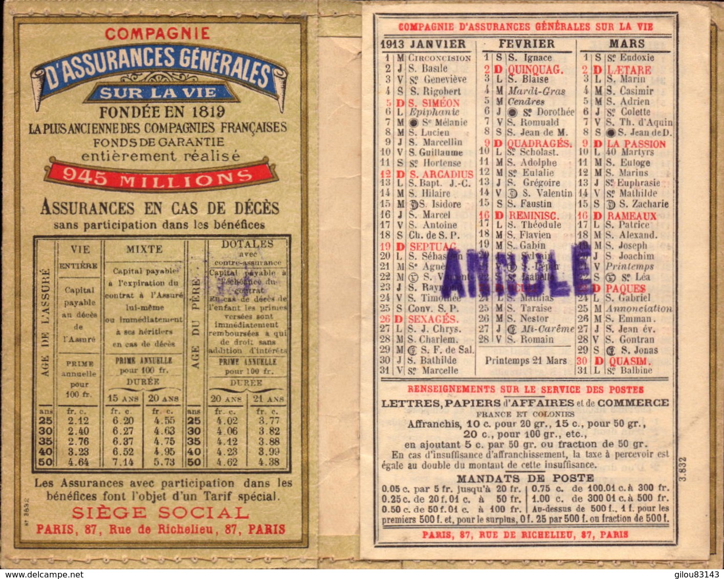 Calendriers, Compagnie D Assurances Generales Sur La Vie, Paris, 1913      (bon Etat) - Kleinformat : 1901-20