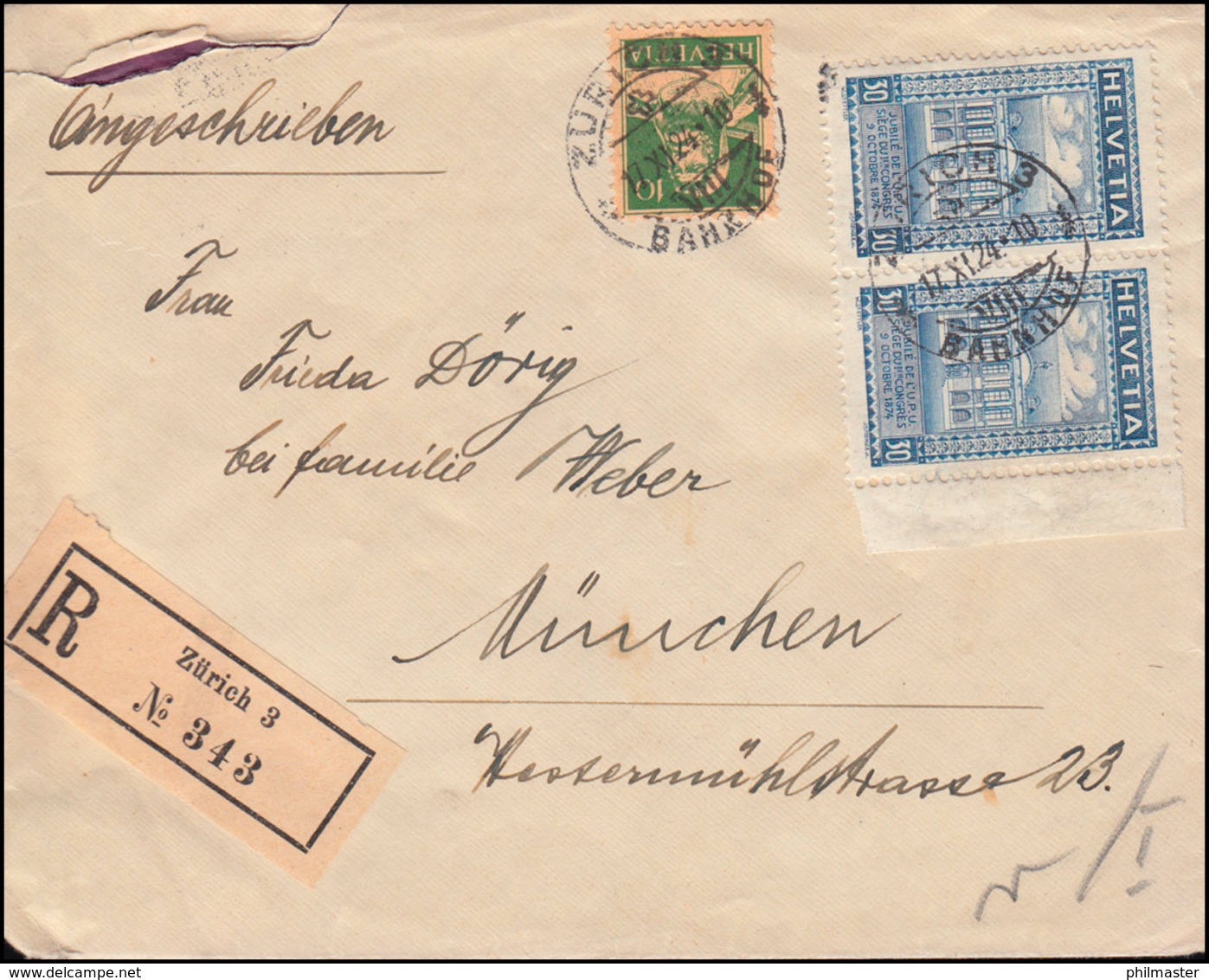 Schweiz 193B Weltpostverein Randpaar Mit 164 Tell MiF R-Brief ZÜRICH 17.11.1924 - Autres & Non Classés