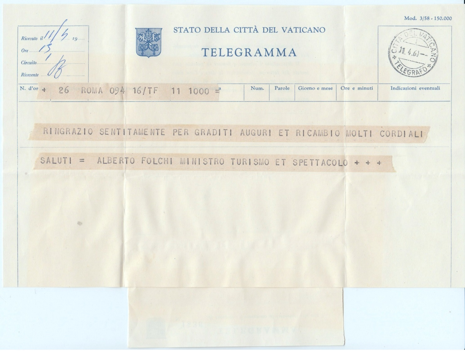 Telegramma Folchi Alberto 1961 Politico E Ministro - Historical Documents